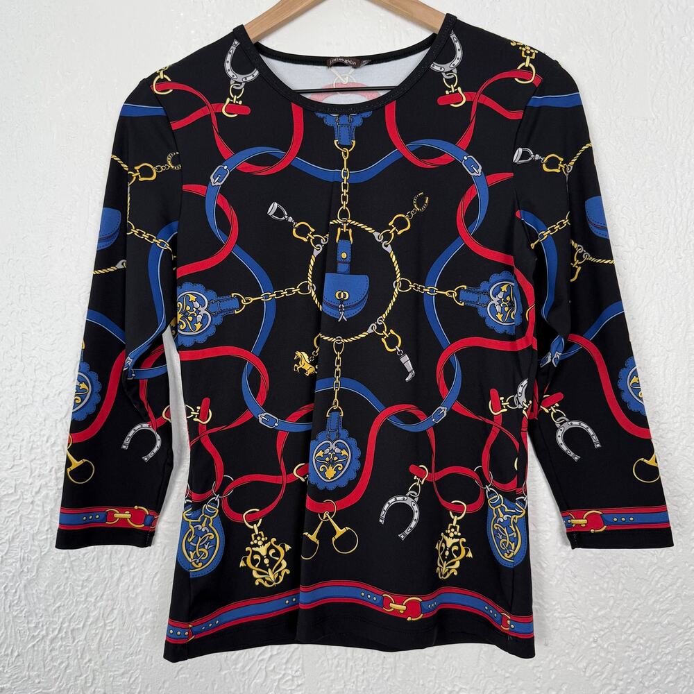 J. McLaughlin Catalina Cloth Equestrian Print 3/4 Sleeve Top Size Medium